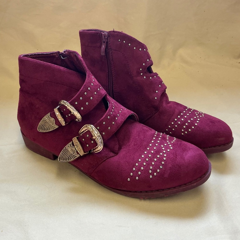 Weeboo Burgundy Faux Suede Studded Buckle Western Ankle Boots Wine Red Size 8